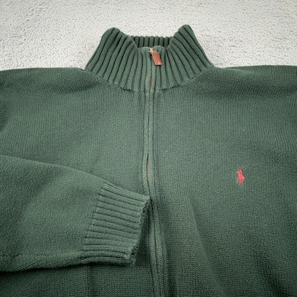 VTG Polo Ralph Lauren Sweater Mens 2XL Green Full Zip Cotton Mock Neck Pony Logo